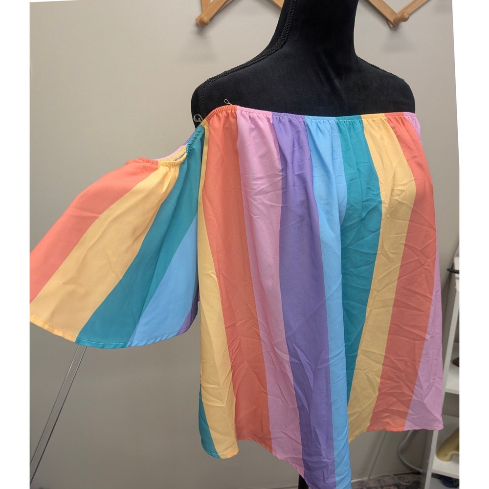 Fantastic Fawn Tatiana Top Rainbow Stripe Off The Shoulder Blouse Small NWT